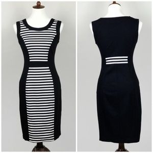 Cache Black and White Striped Sheath Midi Dress
